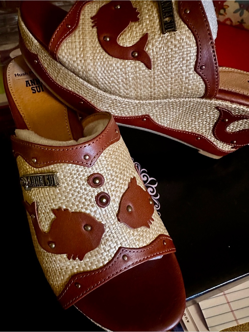 Anna Sui x Hush Puppies Cream Straw Mules with Brown Leather Fish Appliqués